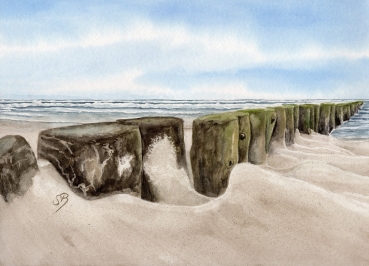Poster DIN-A4  Aquarell Wellenbrecher Maritim Kunst Druck Dänemark Nordsee Ostsee Düne Dünen Meer Möwe Möwen Strand